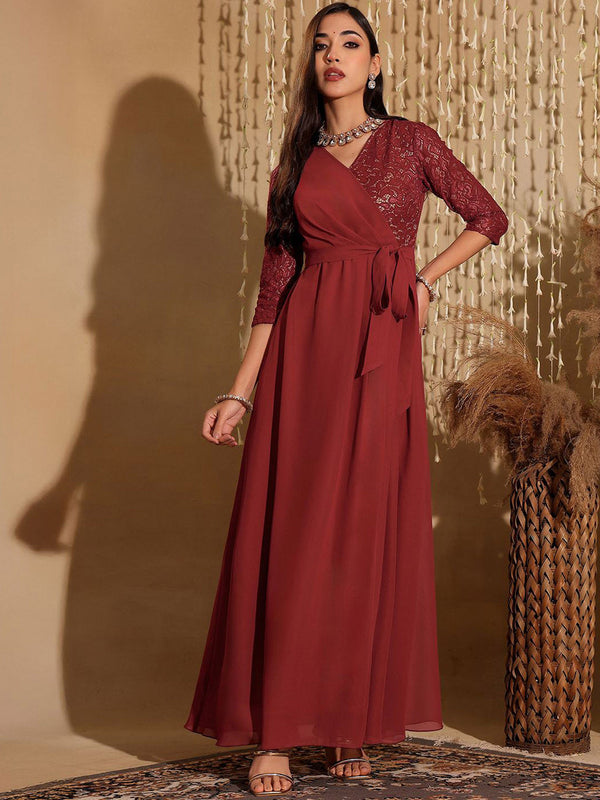 Women Self-Designed Wrap Styled Georgette Ethnic Maxi Dress