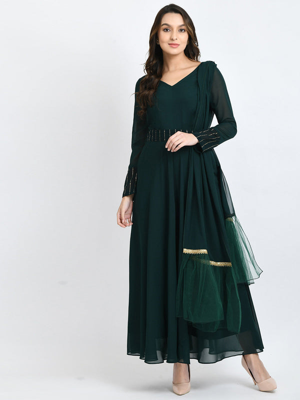 V-neck Flared Maxi Dress Belt & Dupatta
