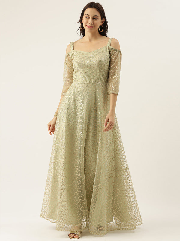 Women Green Self Design Fit and Flare Made To Measure Dress