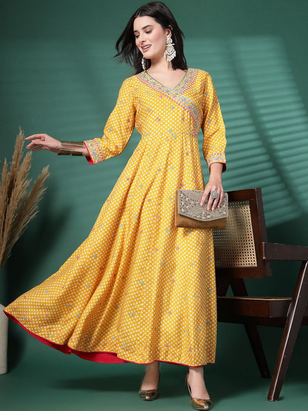 Floral Printed V-Neck Embroidered Fit And Flare Ethnic Dress