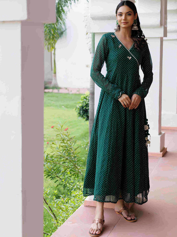V-Neck Leheriya Printed Maxi Ethnic Dress