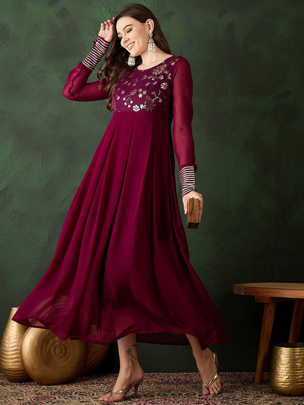 Women Embellished Sequinned Round Neck Georgette Fit and Flare Maxi Dress