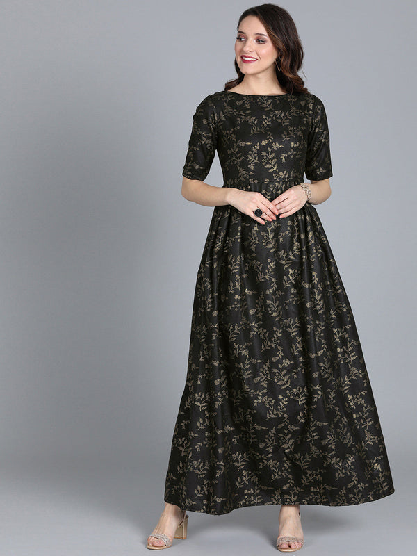Women Black Gold Printed Made to Measure Maxi Dress