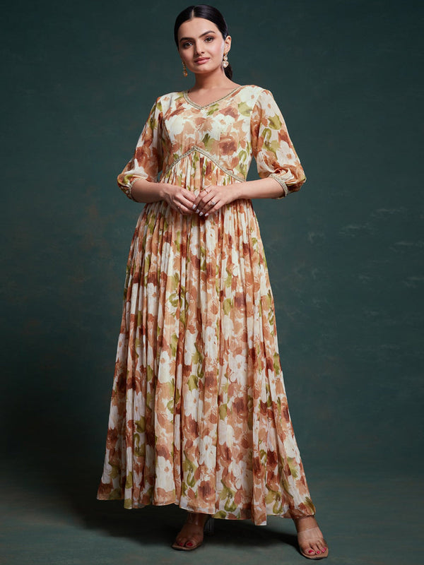 Autumnal Floral Printed Empire Flared Dress