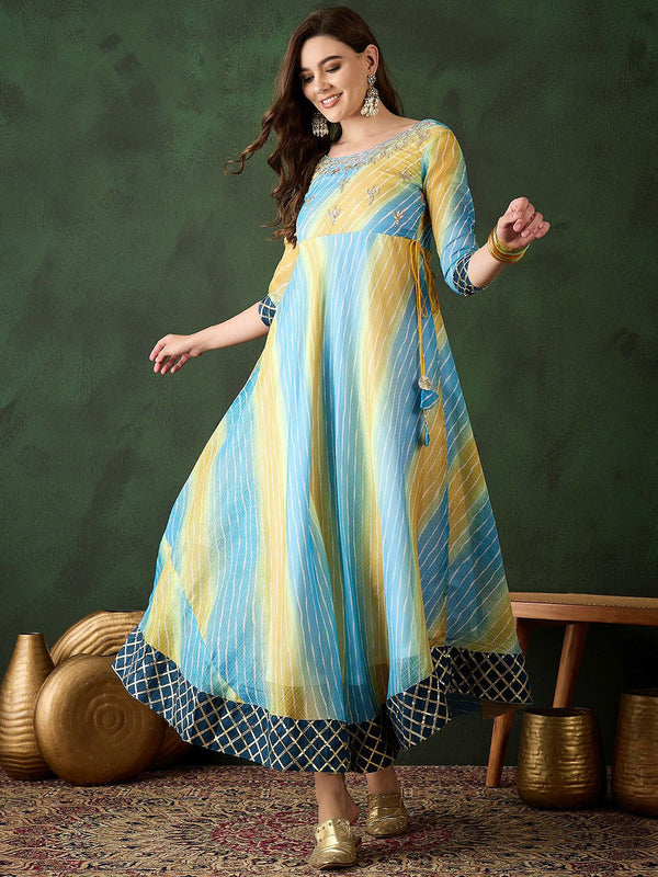 Women Leheriya Printed Embroidered Cotton Maxi Dress
