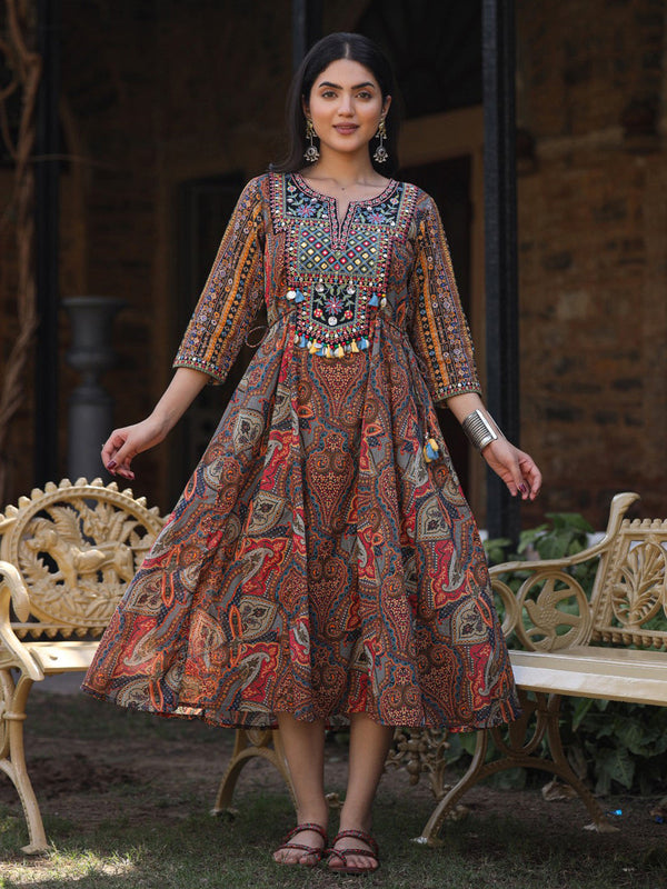 Ethnic Motifs Printed Embroidered Cotton Fit and Flare Midi Ethnic Dress