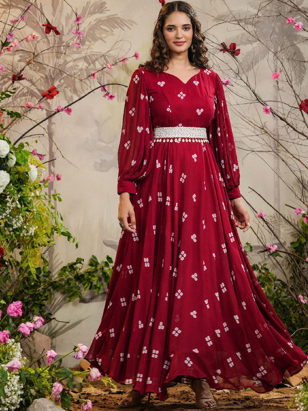 Bandhej Printed Puff Sleeves Georgette Ethnic Gown With Belt