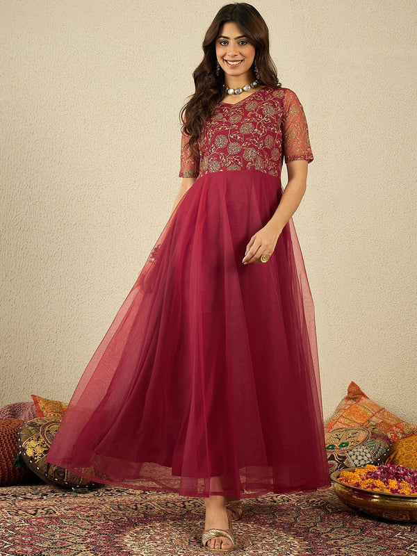 Floral Embroidered V-Neck Thread Work & Sequinned A-Line Ethnic Dress
