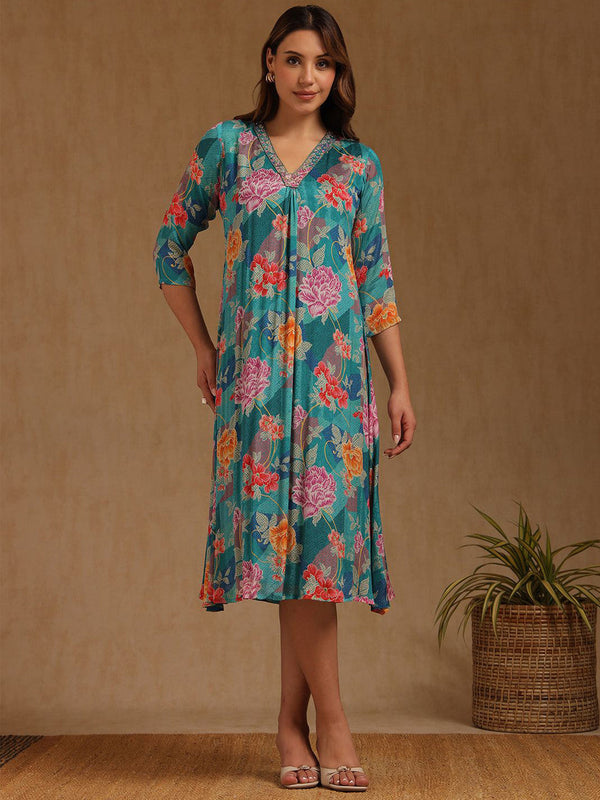 Women Floral Printed A-Line Midi Ethnic Dress
