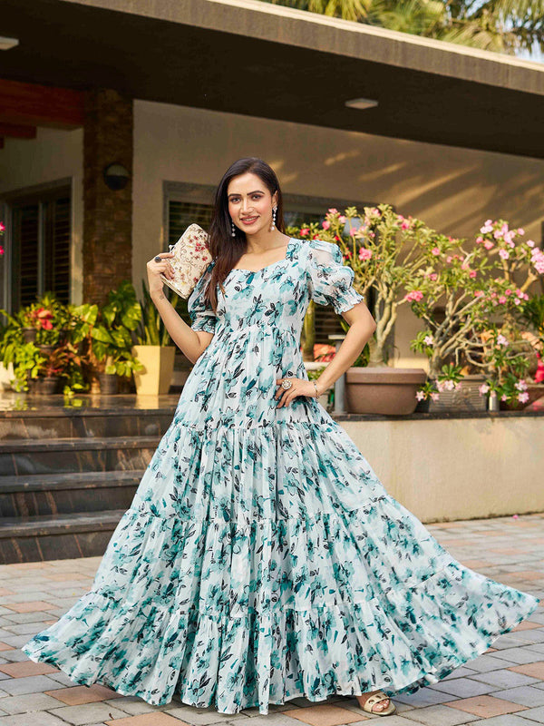 Printed V Neck Maxi Ethnic Dresses