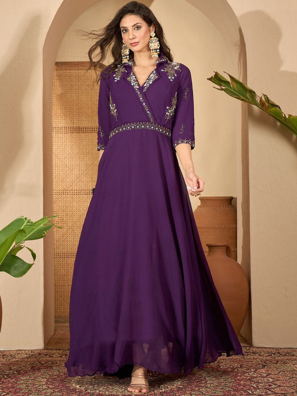 Women Violet Embroidered V-Neck Flared Angrakha Georgette Dress