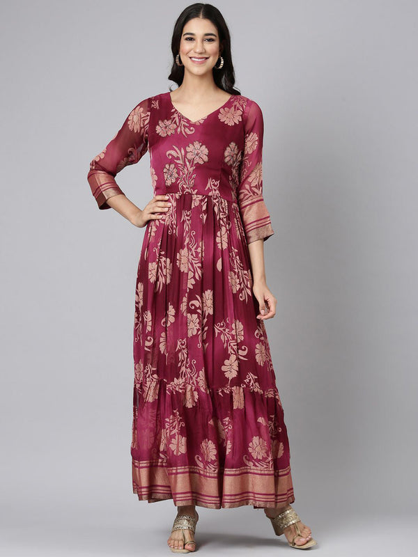 Floral Print Beads and Stones Georgette Fit & Flare Maxi Ethnic Dress