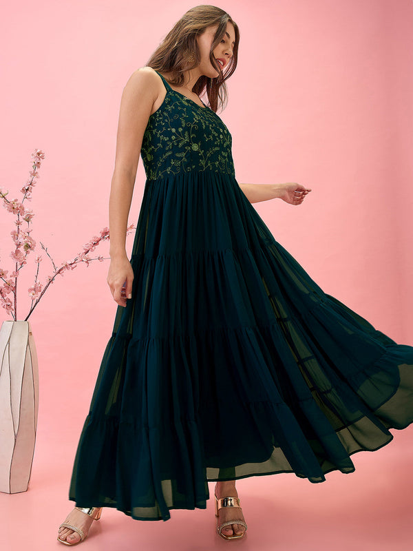 Strappy Sleeves V-Neck Sequinned Floral Embroidered A-Line Tiered Maxi Dress