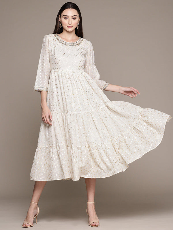 Embroidered Tiered A-Line Midi Ethnic Dress