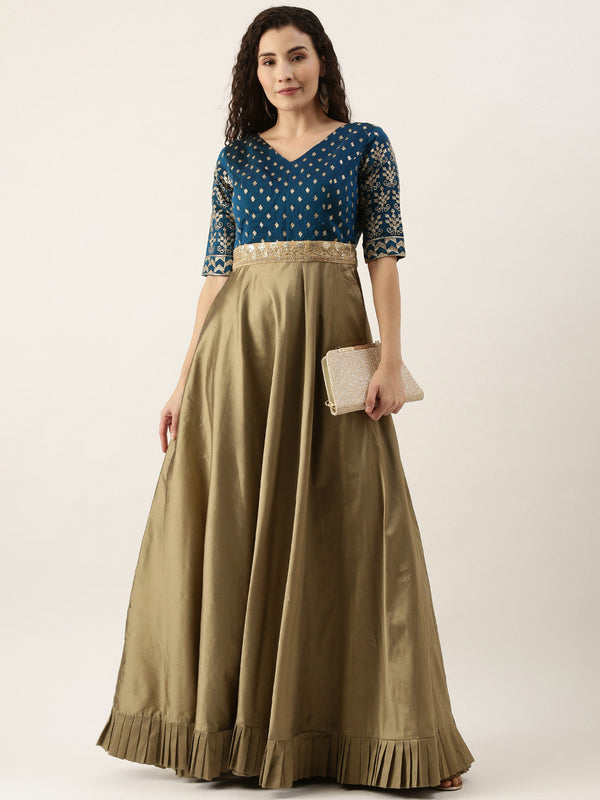 Ready To Wear Blue Chanderi N Prairie Sand Floor Length Gown
