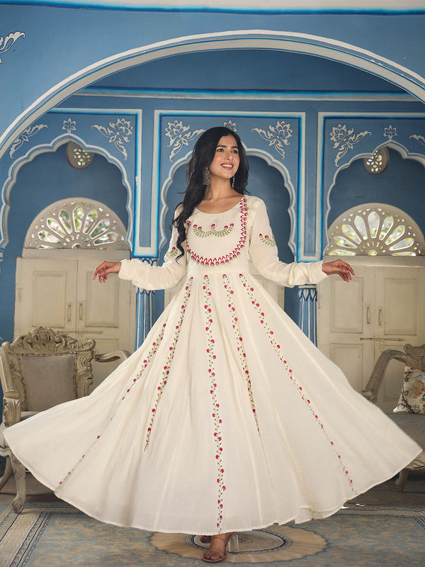 Floral Embroidered Cotton Fit & Flare Maxi Ethnic Dress