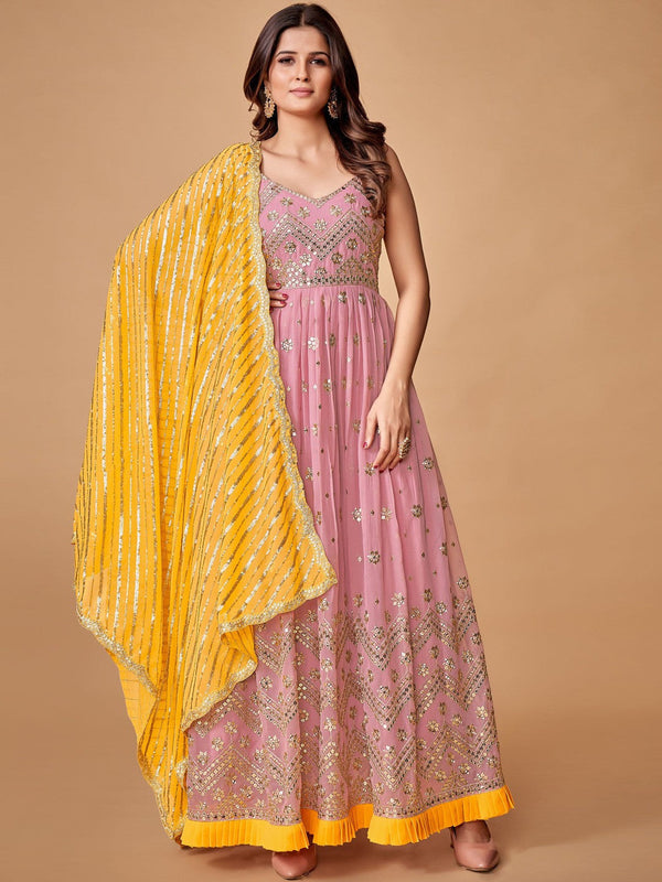 Women Embroidered Fit & Flared Maxi Ethnic Dress With Dupatta