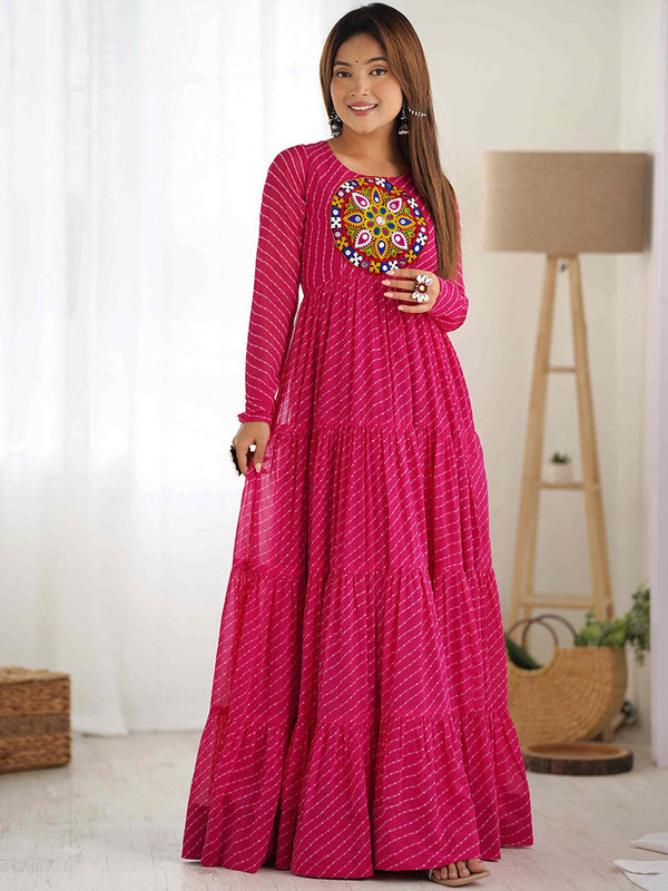 Striped Round Neck Mirror Work Georgette Maxi Ethnic Dress