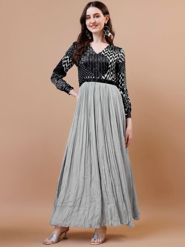 Geometric Printed V-Neck Gown Midi Ethnic Dress