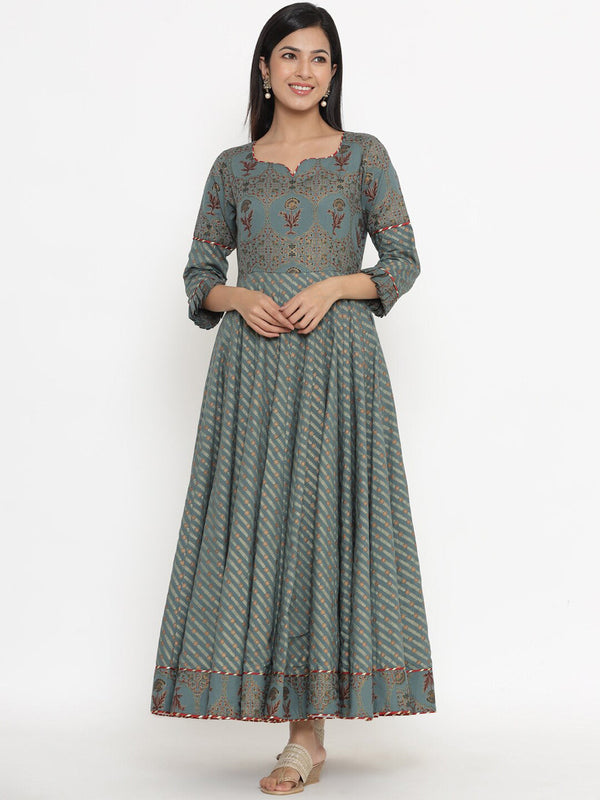 Green Ethnic Motifs Cotton Maxi Dress
