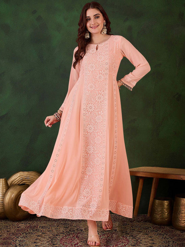 Flared Floral Printed Pleated Ethnic Dress