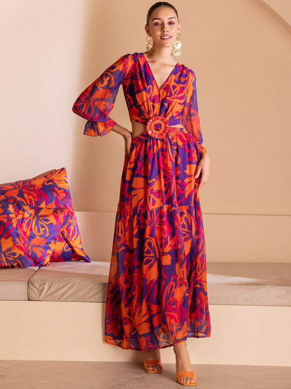 Color-Pop Cutout Printed Maxi Ethnic Dresses