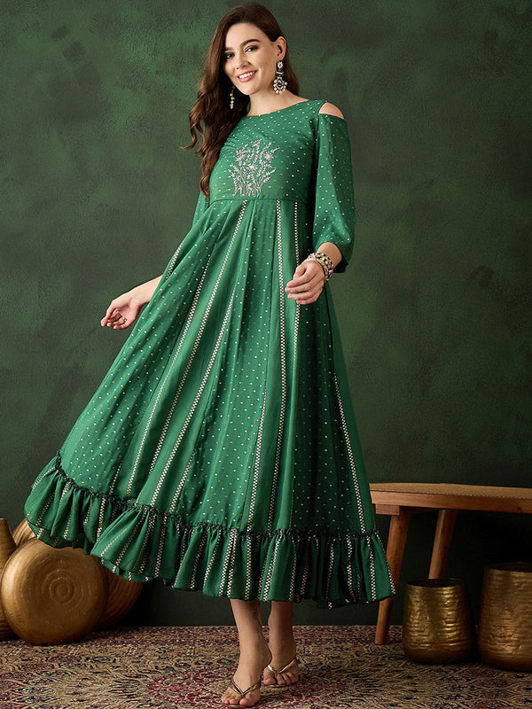 Women Ethnic Motifs Embroidered Round Neck Fit & Flared Midi Ethnic Dresses