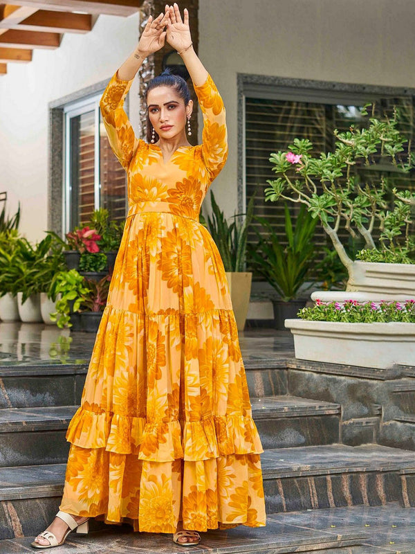 Printed V Neck Maxi Ethnic Dresses