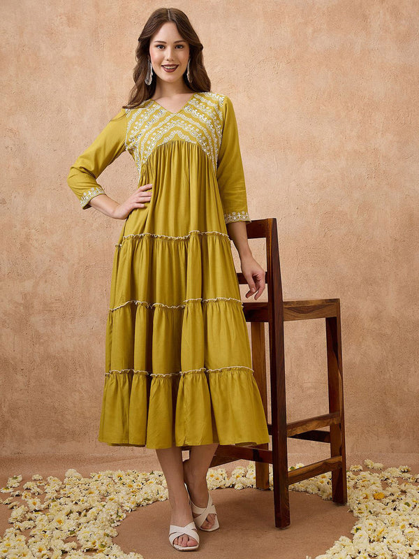V-Neck Floral Embroidered Yoke Flared Hem Tiered Alia Cut A-Line Midi Ethnic Dress